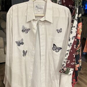 White Pinstripe Shirt with Butterfly Embroidery